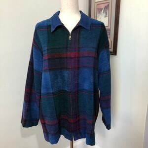 VTG 90s Koret City Blues Plaid Knit Zip Up Top Denim Collar Blue Green Red Large